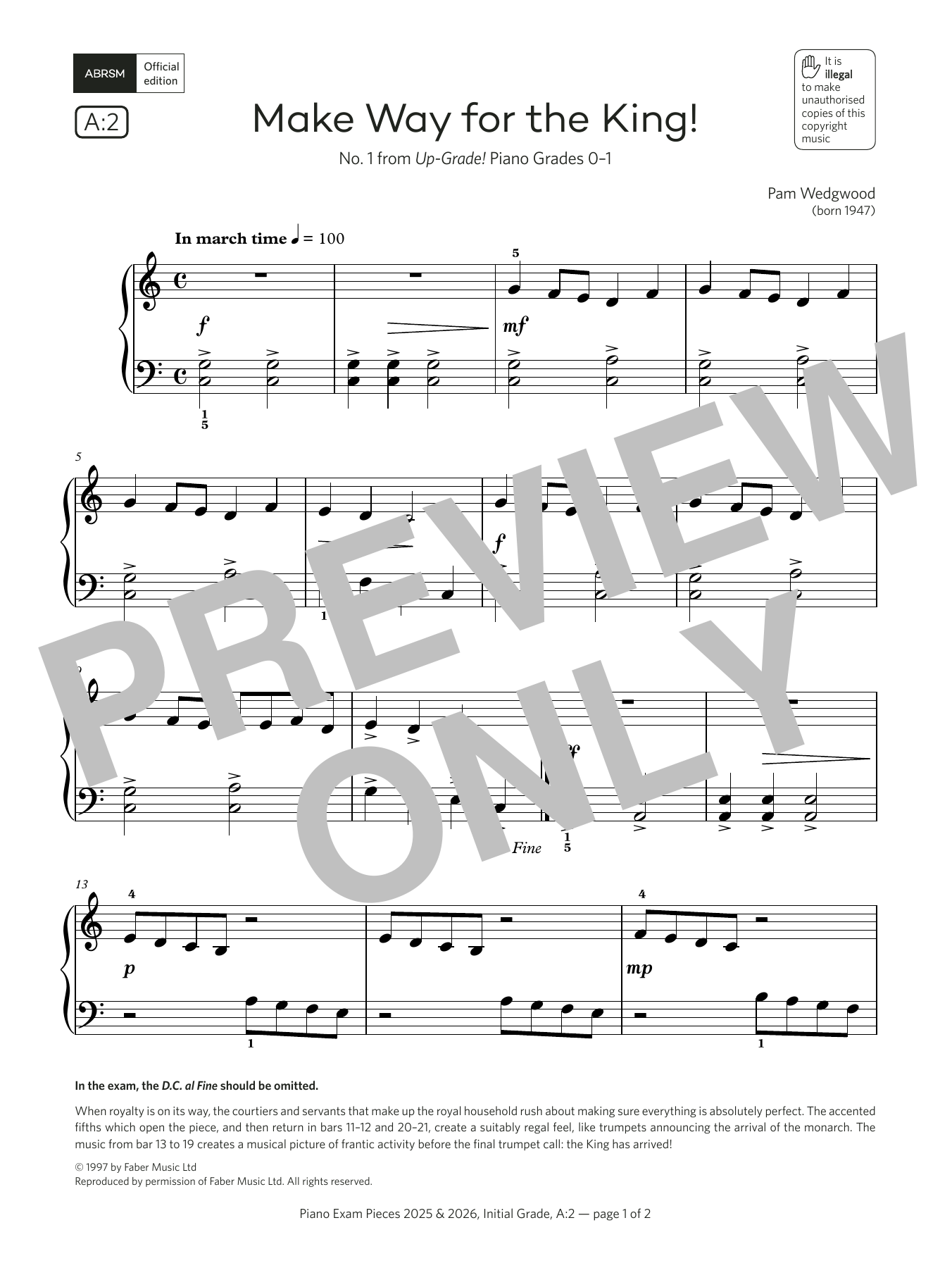 Pam Wedgwood Make Way for the King! (Grade Initial, list A2, from the ABRSM Piano Syllabus 2025 & 2026) sheet music notes and chords. Download Printable PDF.