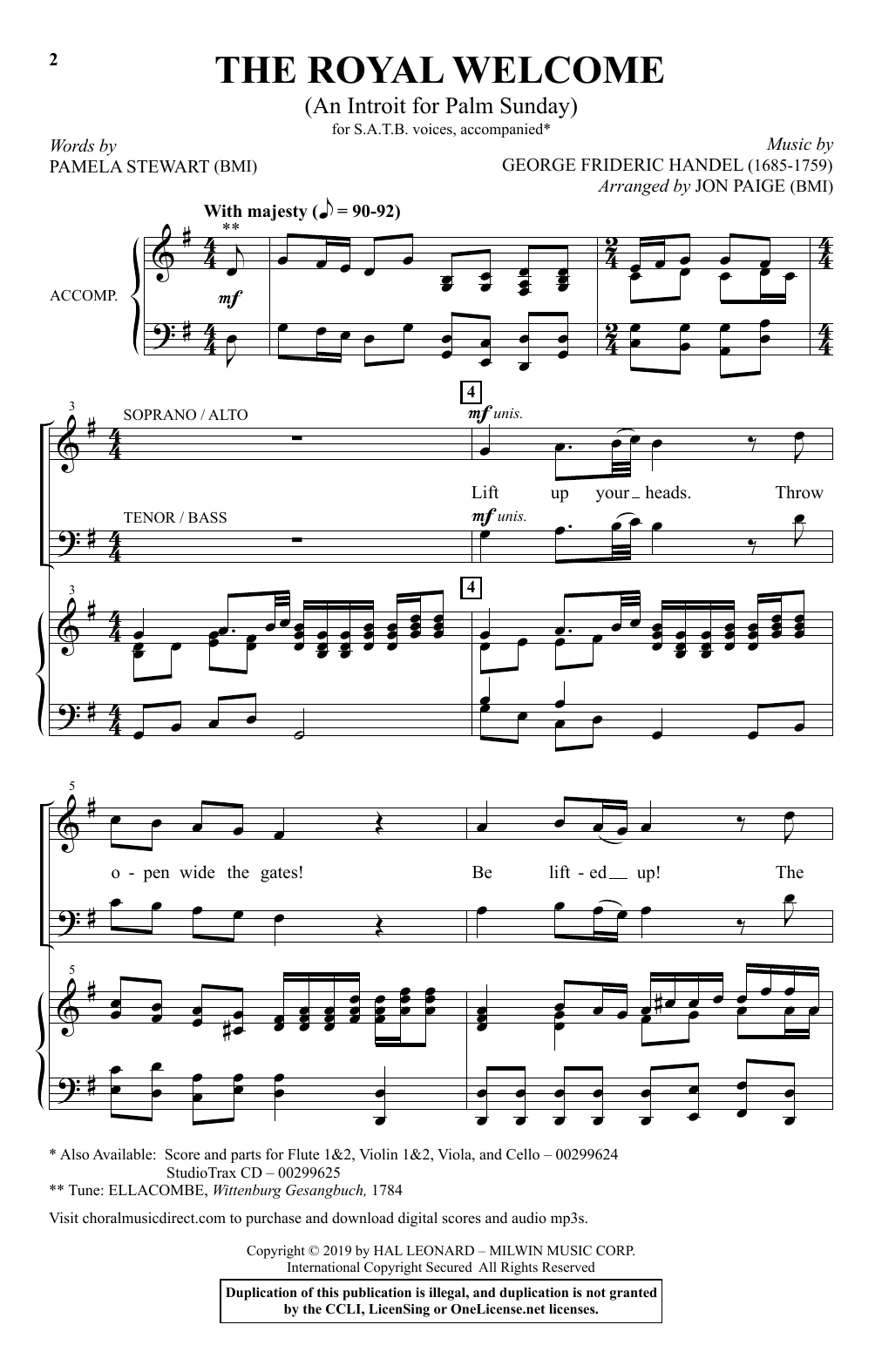 Learn to play Pamela Stewart and George Frideric Handel The Royal Welcome (An Introit For Palm Sunday) (arr. John Paige) sheet music for SATB Choir in minutes. Price: 3.9900$ Pamela Stewart and George Frideric Handel The Royal Welcome (An Introit For Palm Sunday) (arr. John Paige) sheet music notes and chords arranged for SATB Choir