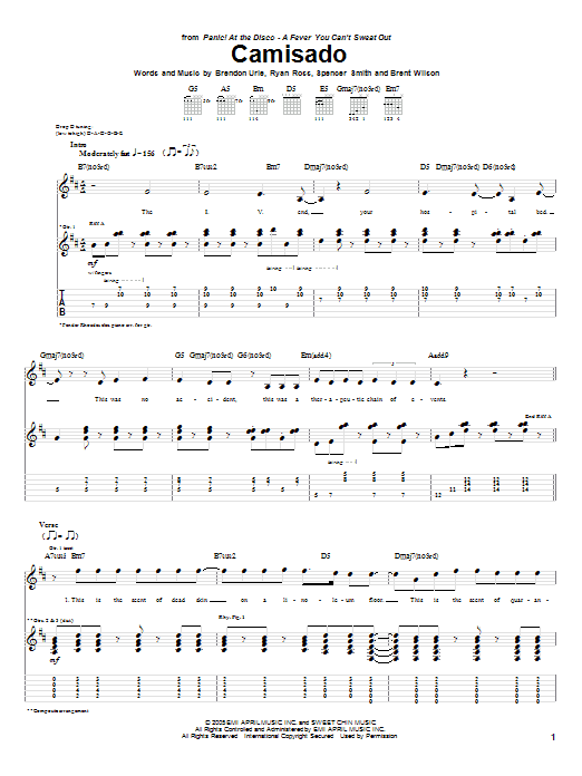 Learn to play Panic! At The Disco Camisado sheet music for Guitar Tab in minutes. Price: 7.8900$ Panic! At The Disco Camisado sheet music notes and chords arranged for Guitar Tab