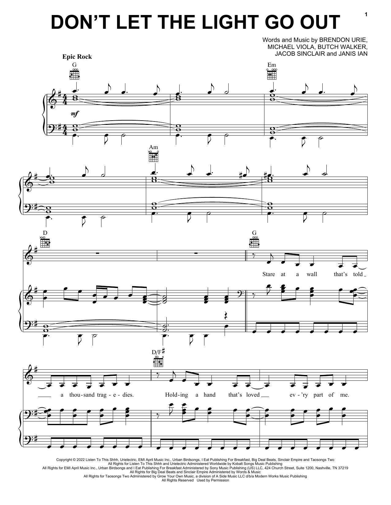 Panic! At The Disco Don't Let The Light Go Out sheet music notes and chords. Download Printable PDF.