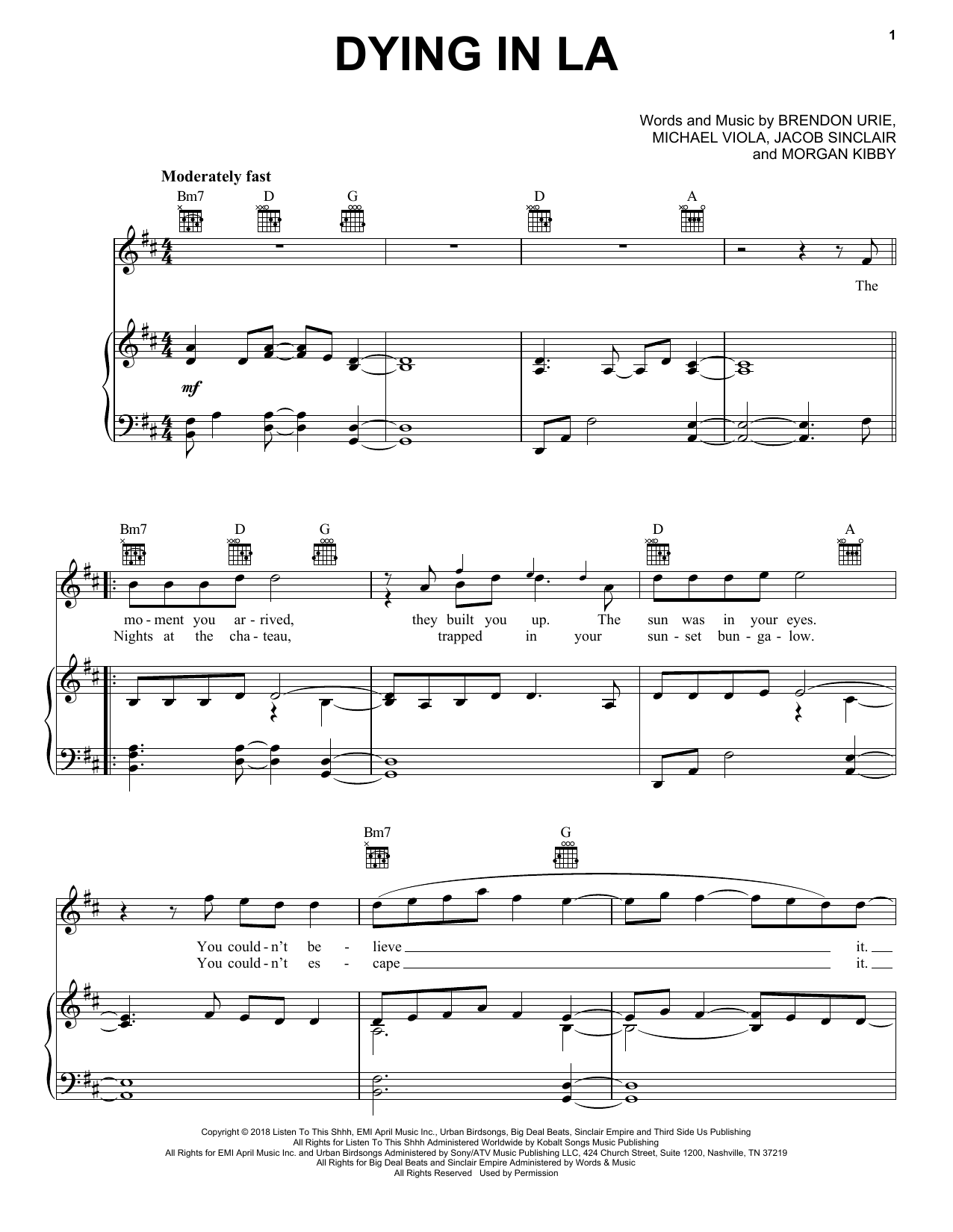 Panic! At The Disco Dying In LA sheet music notes and chords. Download Printable PDF.