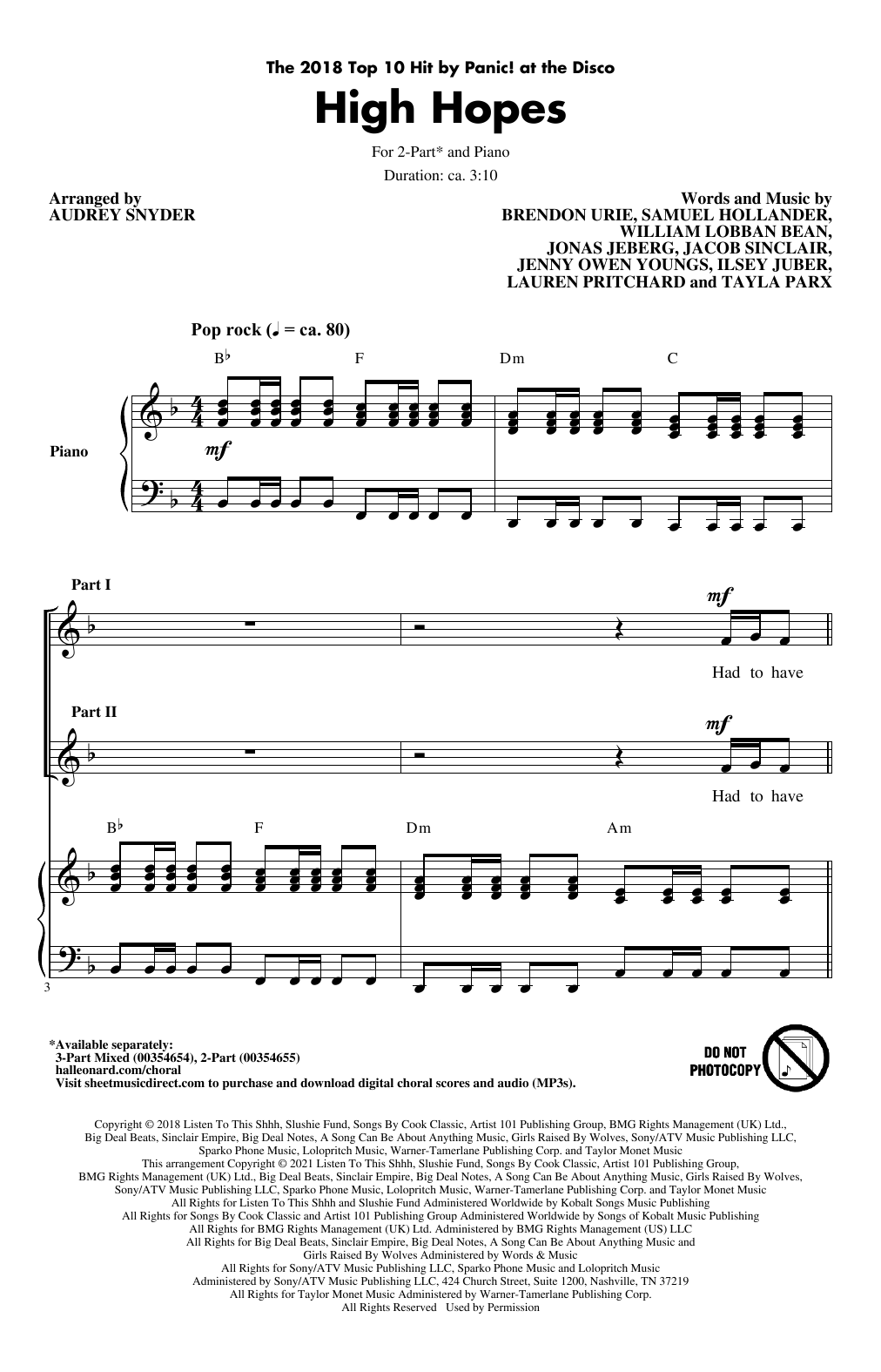 Panic! At The Disco High Hopes (arr. Audrey Snyder) sheet music notes and chords. Download Printable PDF.