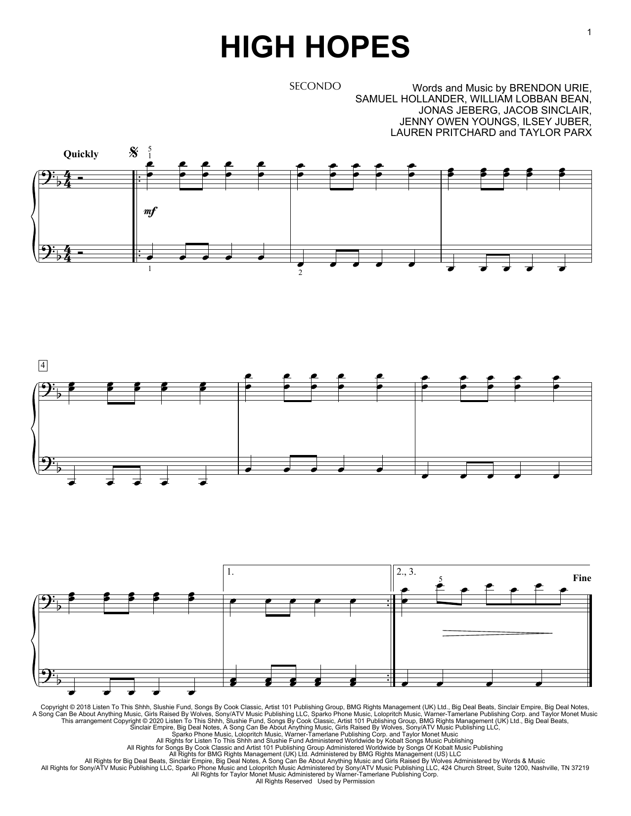 Learn to play Panic! At The Disco High Hopes (arr. David Pearl) sheet music for Piano Duet in minutes. Price: 7.8900$ Panic! At The Disco High Hopes (arr. David Pearl) sheet music notes and chords arranged for Piano Duet