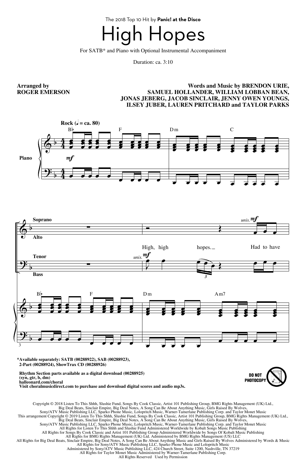 Panic! At The Disco High Hopes (arr. Roger Emerson) sheet music notes and chords. Download Printable PDF.