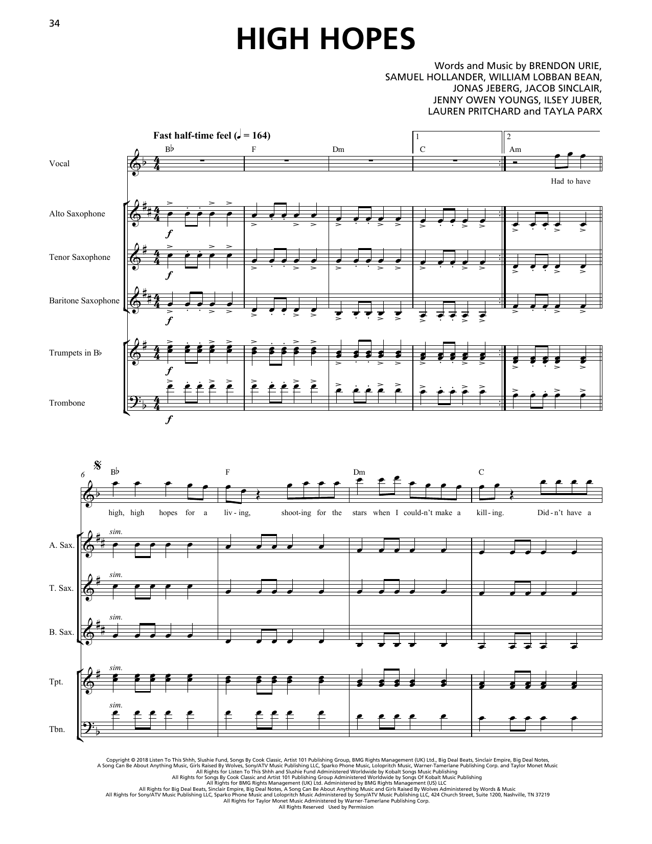 Learn to play Panic! At The Disco High Hopes (Horn Section) sheet music for Transcribed Score in minutes. Price: 7.8900$ Panic! At The Disco High Hopes (Horn Section) sheet music notes and chords arranged for Transcribed Score