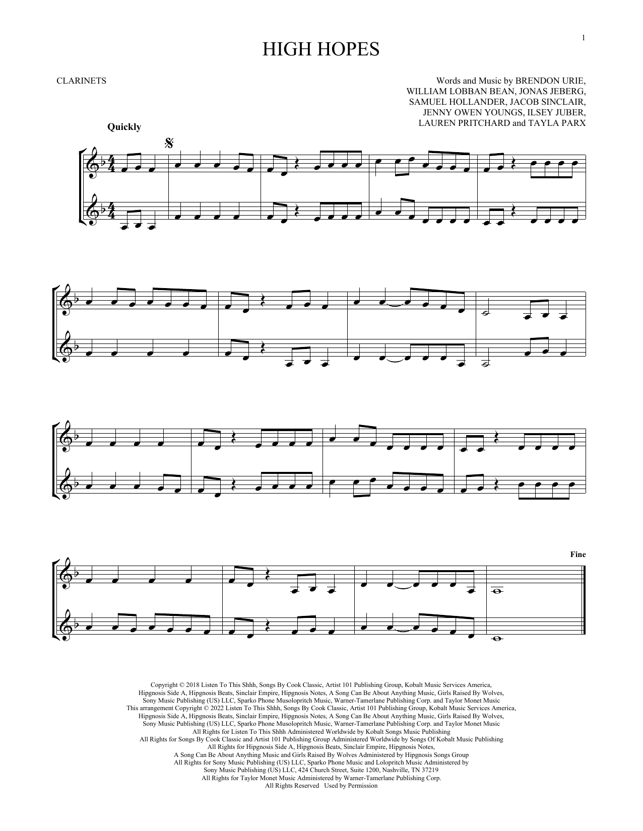 Panic! At The Disco High Hopes sheet music notes and chords arranged for Clarinet Solo