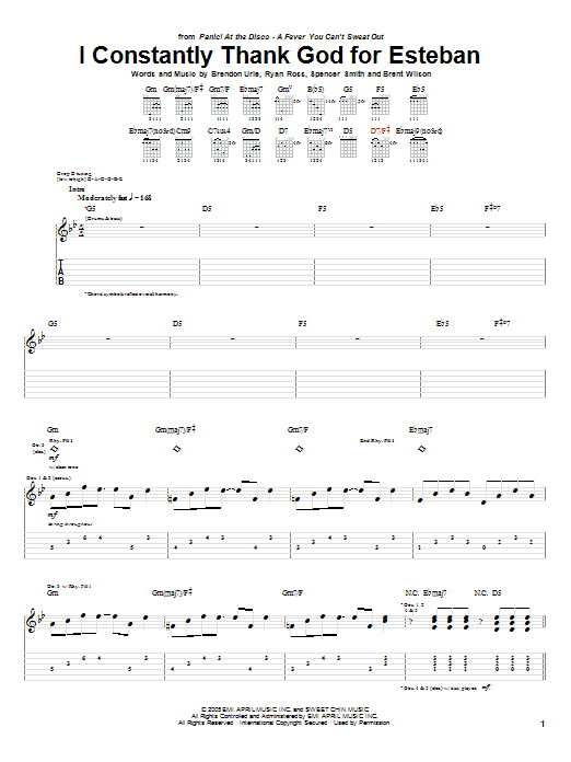 Learn to play Panic! At The Disco I Constantly Thank God For Esteban sheet music for Guitar Tab in minutes. Price: 7.8900$ Panic! At The Disco I Constantly Thank God For Esteban sheet music notes and chords arranged for Guitar Tab