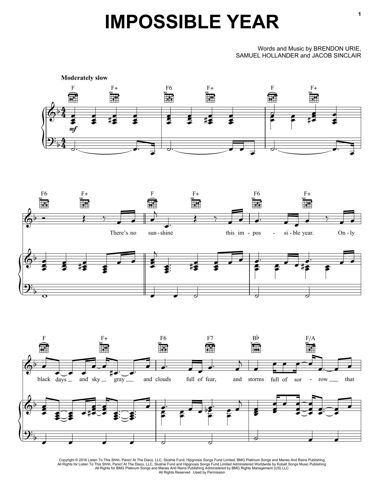 Learn to play Panic! At The Disco Impossible Year sheet music for Piano, Vocal & Guitar Chords (Right-Hand Melody) in minutes. Price: 6.9900$ Panic! At The Disco Impossible Year sheet music notes and chords arranged for Piano, Vocal & Guitar Chords (Right-Hand Melody)
