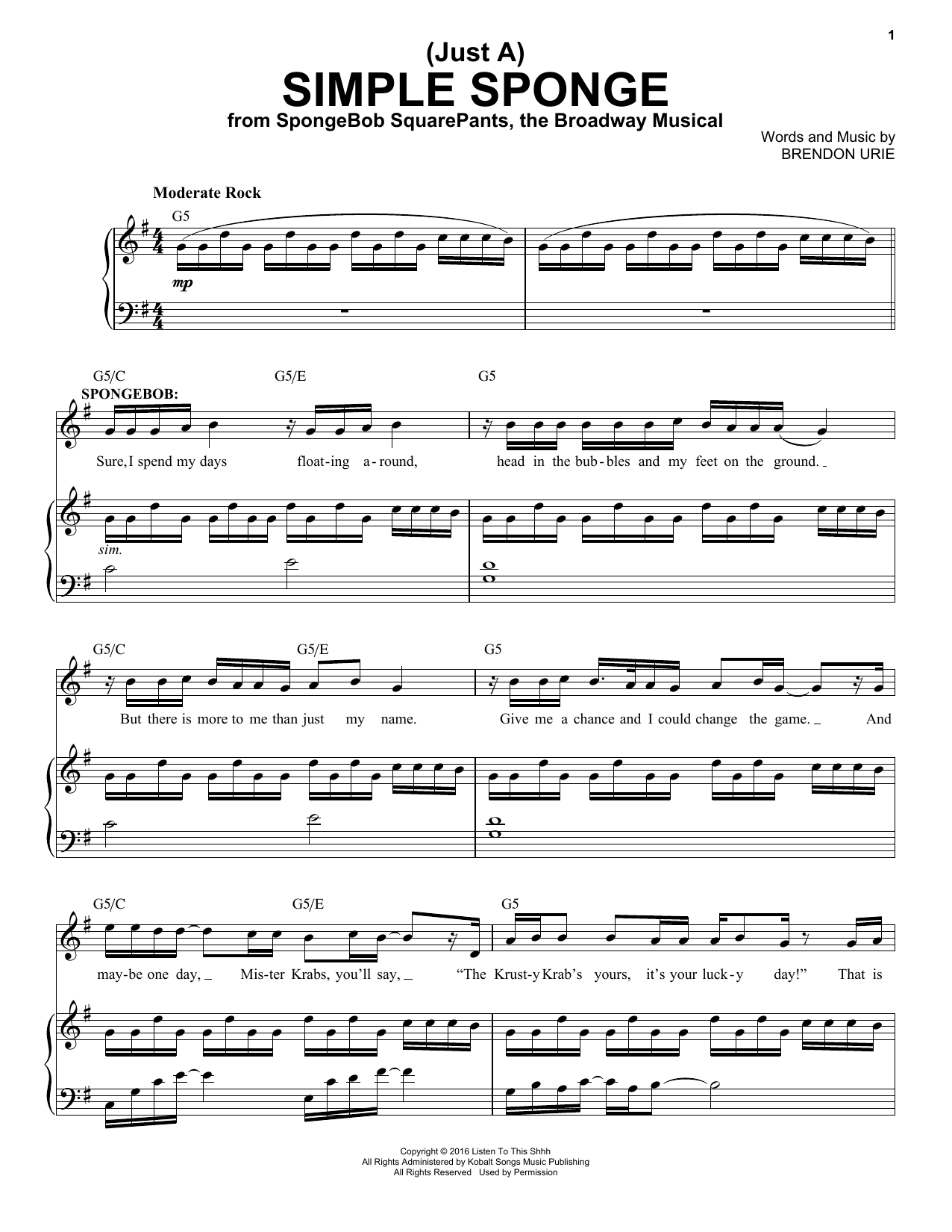 Panic! At The Disco (Just A) Simple Sponge (from Spongebob Squarepants, The Broadway Musical) sheet music notes and chords. Download Printable PDF.