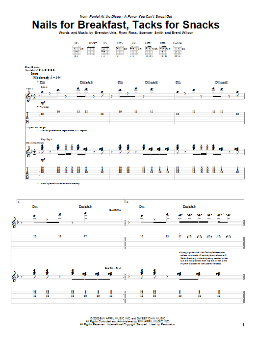 Learn to play Panic! At The Disco Nails For Breakfast, Tacks For Snacks sheet music for Guitar Tab in minutes. Price: 7.8900$ Panic! At The Disco Nails For Breakfast, Tacks For Snacks sheet music notes and chords arranged for Guitar Tab