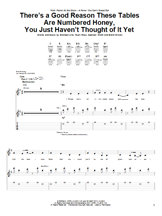 Learn to play Panic! At The Disco There's A Good Reason These Tables Are Numbered Honey, You Just Haven't Thought Of It Yet sheet music for Guitar Tab in minutes. Price: 7.8900$ Panic! At The Disco There's A Good Reason These Tables Are Numbered Honey, You Just Haven't Thought Of It Yet sheet music notes and chords arranged for Guitar Tab