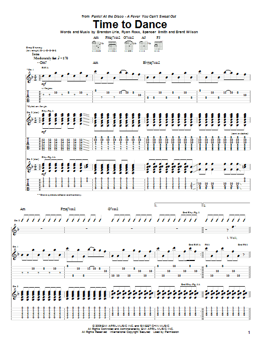 Learn to play Panic! At The Disco Time To Dance sheet music for Guitar Tab in minutes. Price: 7.8900$ Panic! At The Disco Time To Dance sheet music notes and chords arranged for Guitar Tab