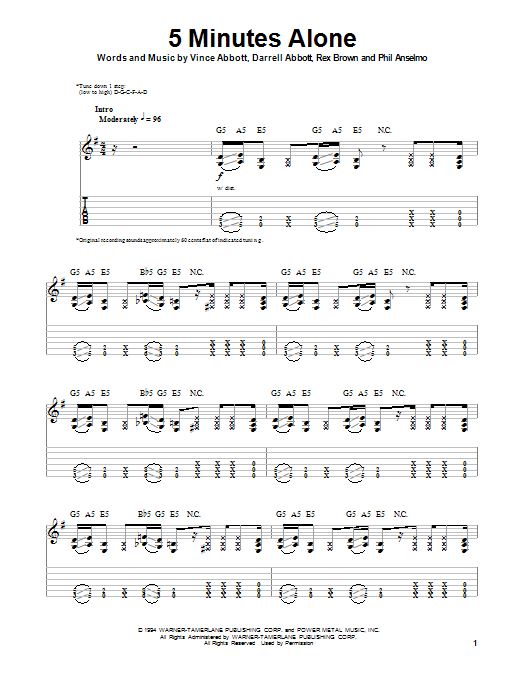 Pantera 5 Minutes Alone sheet music notes and chords. Download Printable PDF.