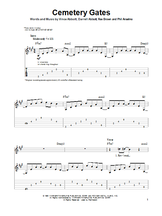 Pantera Cemetery Gates sheet music notes and chords. Download Printable PDF.