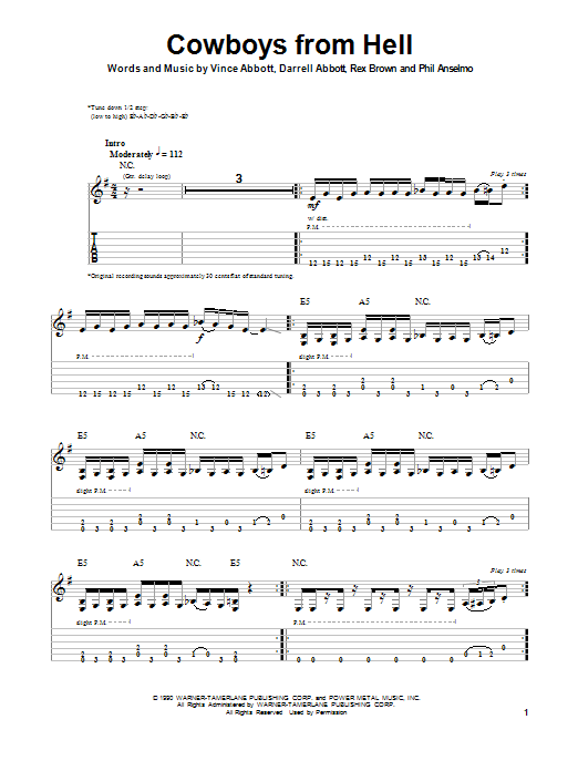 Pantera Cowboys From Hell sheet music notes and chords. Download Printable PDF.