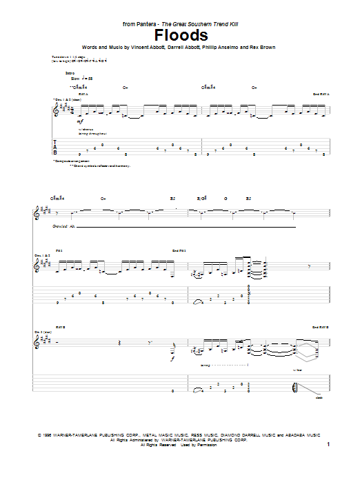 Pantera Floods sheet music notes and chords. Download Printable PDF.