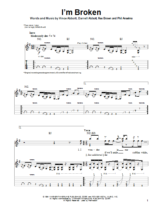 Pantera I'm Broken sheet music notes and chords. Download Printable PDF.