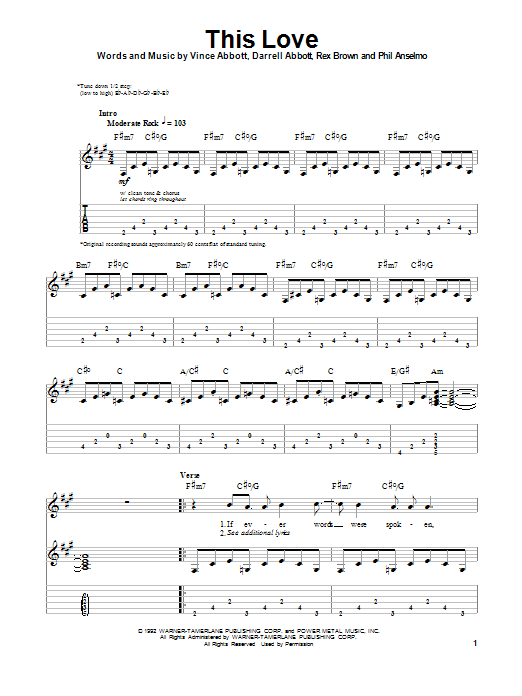 Pantera This Love sheet music notes and chords. Download Printable PDF.