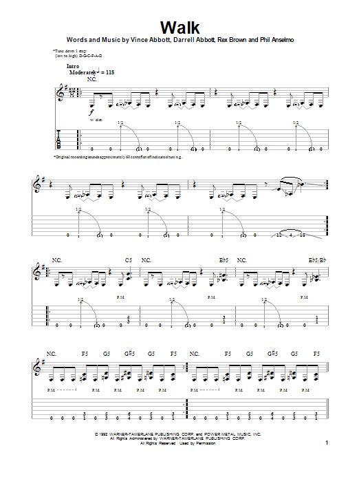 Pantera Walk sheet music notes and chords. Download Printable PDF.