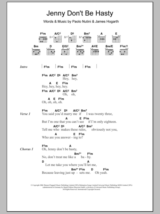 Paolo Nutini Jenny Don't Be Hasty sheet music notes and chords. Download Printable PDF.