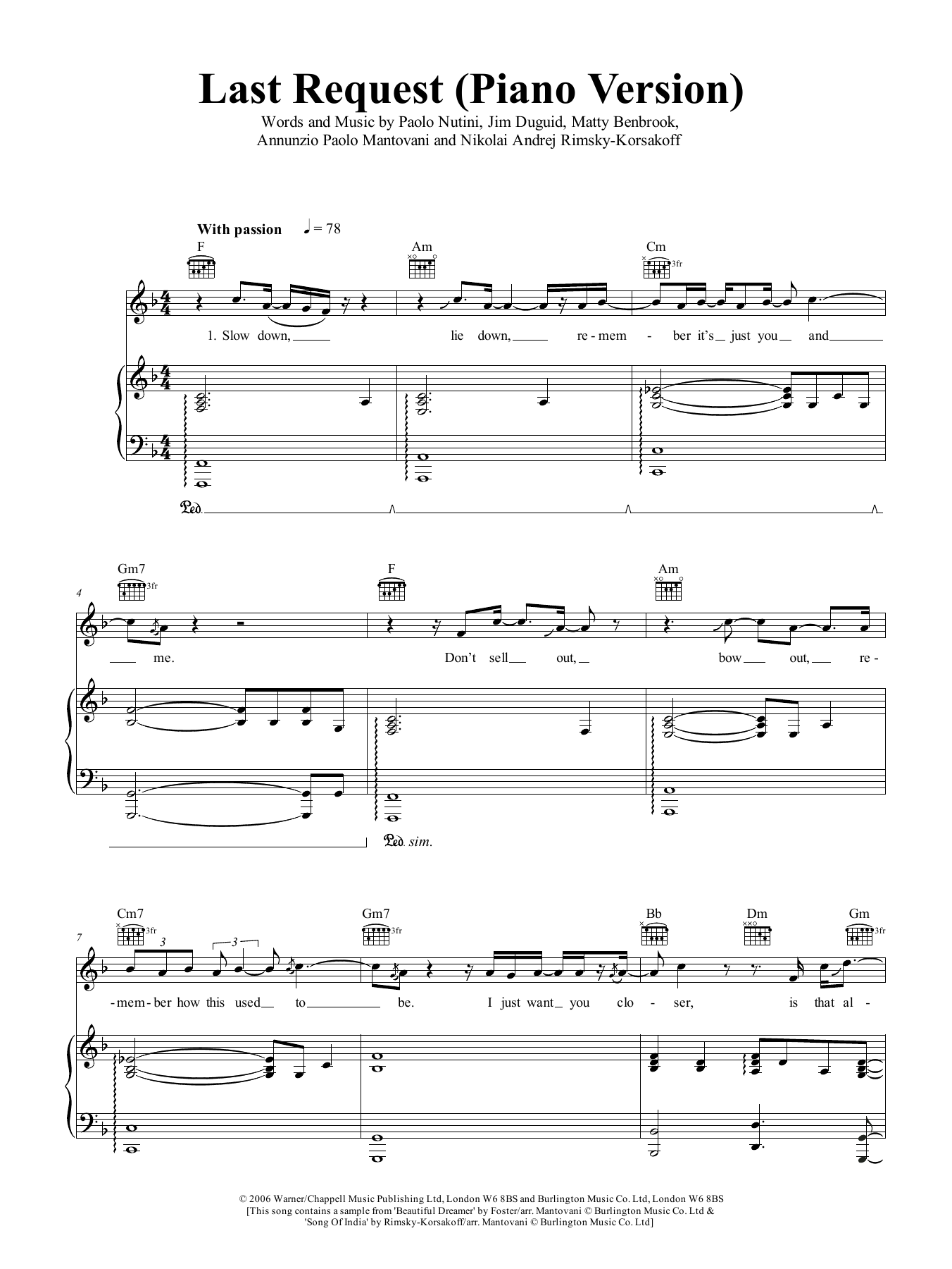 Paolo Nutini Last Request (piano version) sheet music notes and chords. Download Printable PDF.