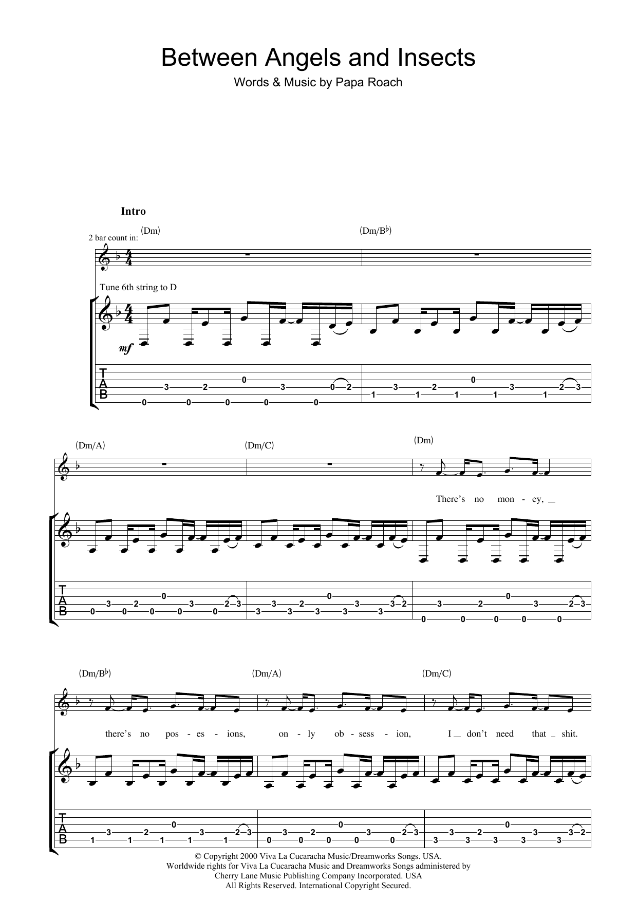 Papa Roach Between Angels And Insects sheet music notes and chords arranged for Guitar Chords/Lyrics