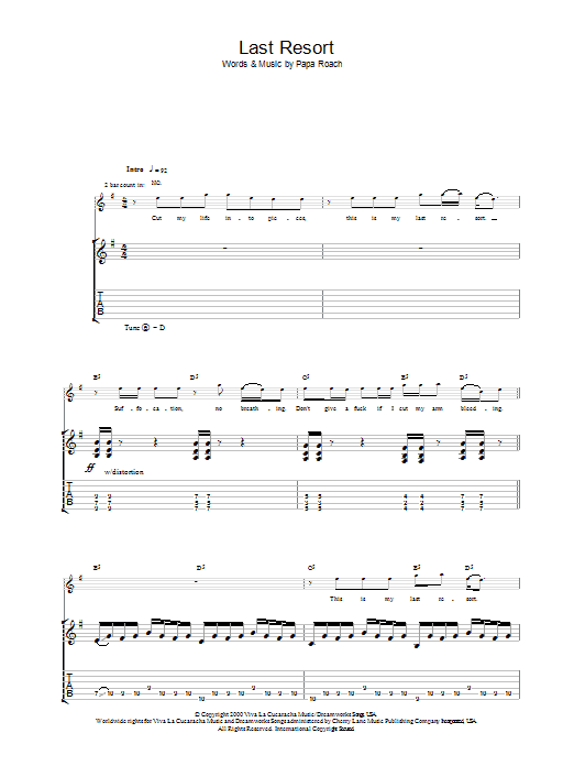 Papa Roach Last Resort sheet music notes and chords. Download Printable PDF.