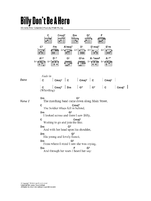 Learn to play Paper Lace Billy, Don't Be A Hero sheet music for Guitar Chords/Lyrics in minutes. Price: 4.4900$ Paper Lace Billy, Don't Be A Hero sheet music notes and chords arranged for Guitar Chords/Lyrics