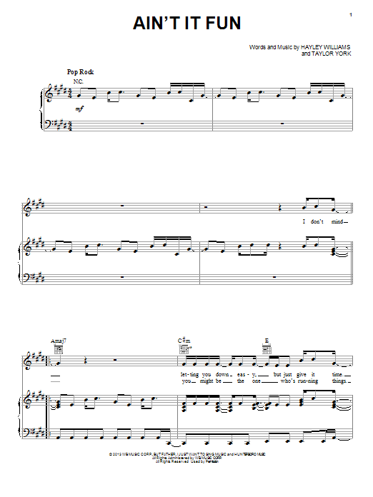 Paramore Ain't It Fun sheet music notes and chords. Download Printable PDF.