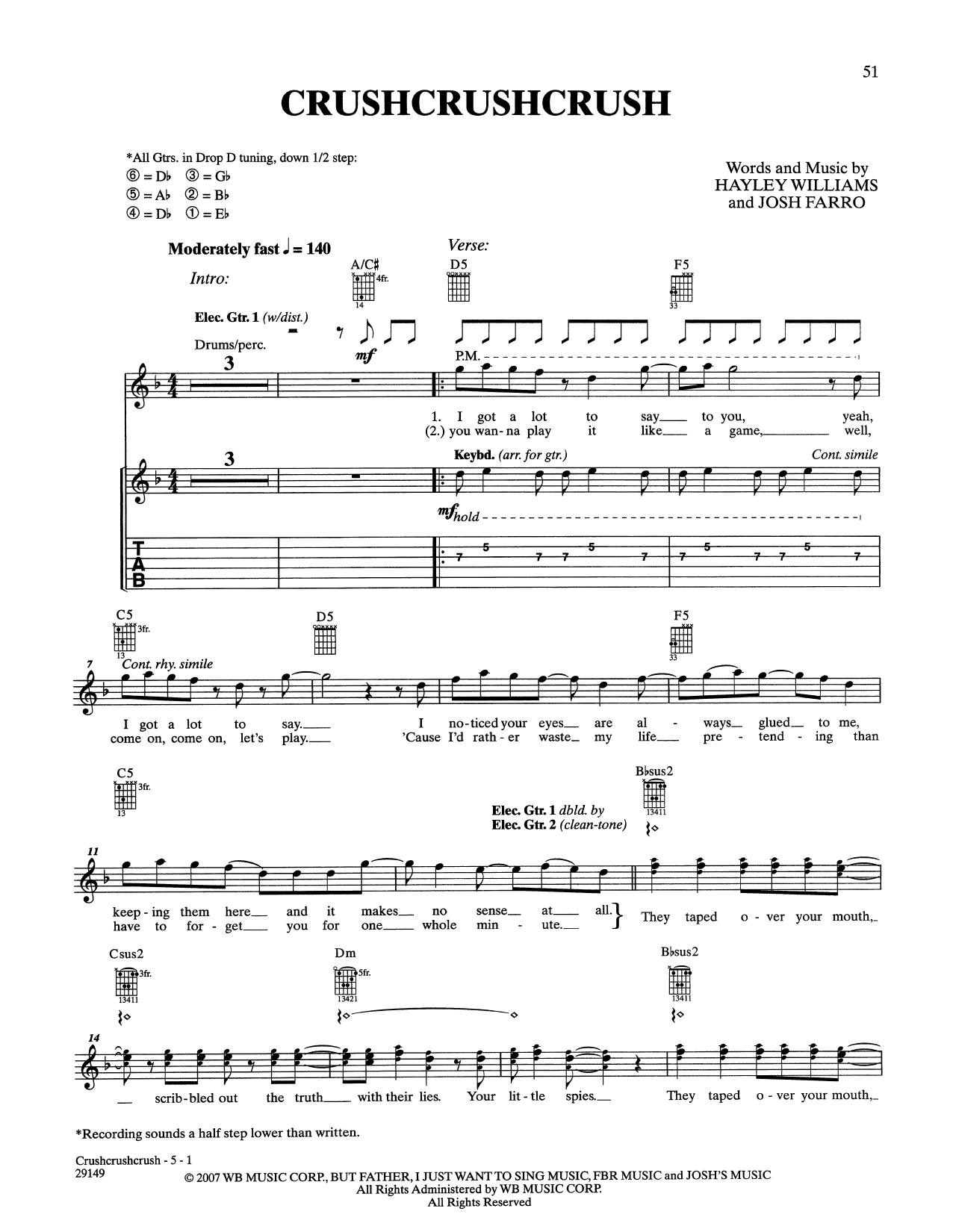 Paramore CrushCrushCrush sheet music notes and chords. Download Printable PDF.