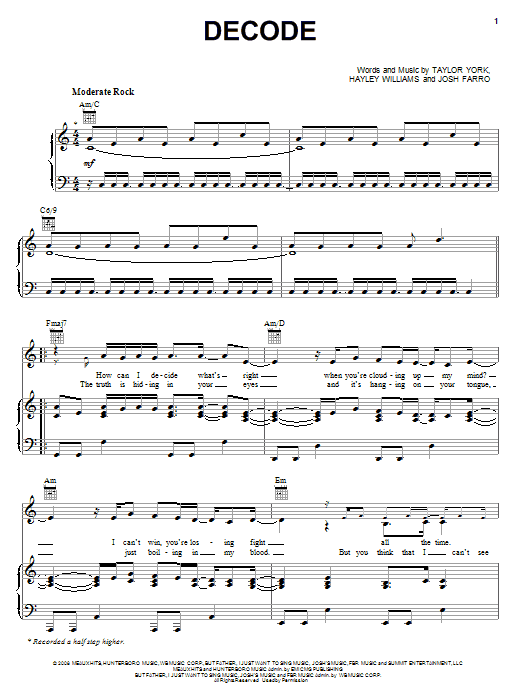 Paramore Decode sheet music notes and chords. Download Printable PDF.