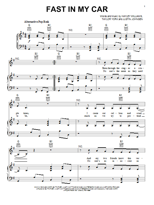 Learn to play Paramore Fast In My Car sheet music for Piano, Vocal & Guitar Chords (Right-Hand Melody) in minutes. Price: 7.8900$ Paramore Fast In My Car sheet music notes and chords arranged for Piano, Vocal & Guitar Chords (Right-Hand Melody)