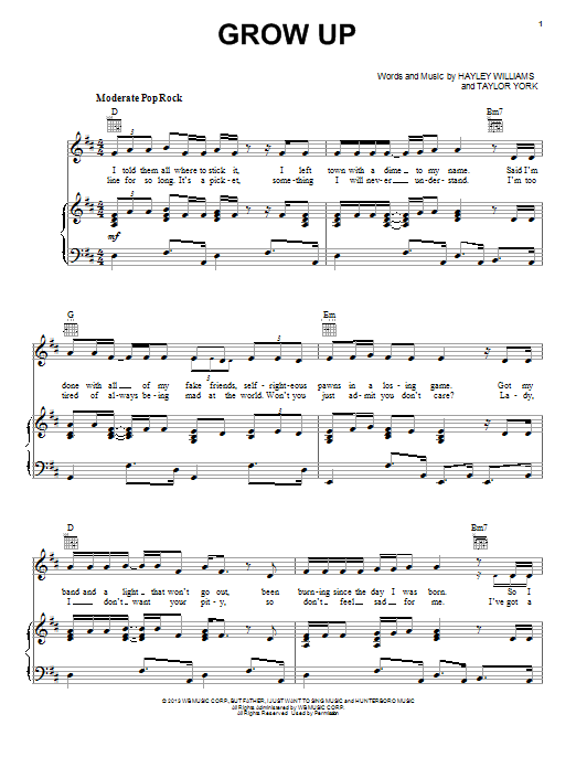 Paramore Grow Up sheet music notes and chords. Download Printable PDF.