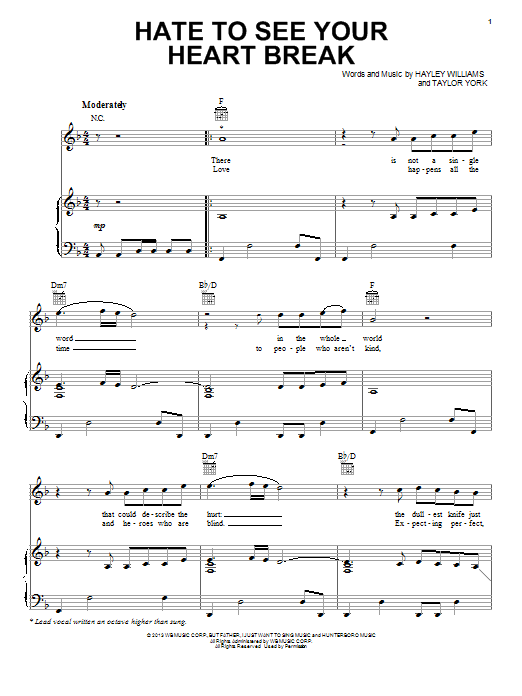Paramore Hate To See Your Heart Break sheet music notes and chords arranged for Piano, Vocal & Guitar Chords (Right-Hand Melody)