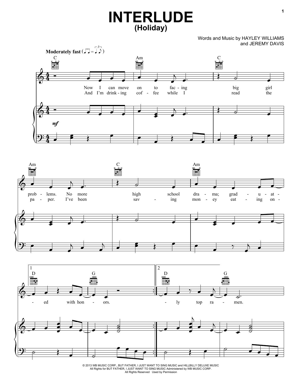 Learn to play Paramore Interlude (Holiday) sheet music for Piano, Vocal & Guitar Chords (Right-Hand Melody) in minutes. Price: 7.8900$ Paramore Interlude (Holiday) sheet music notes and chords arranged for Piano, Vocal & Guitar Chords (Right-Hand Melody)