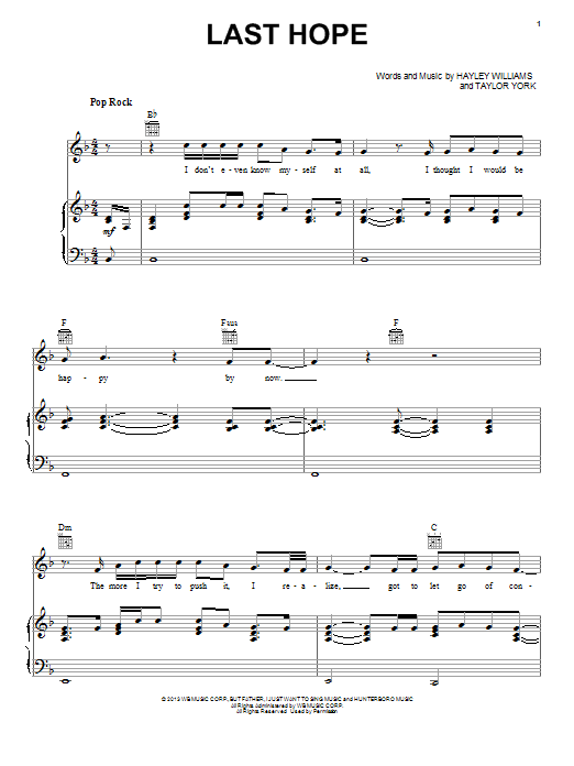 Paramore Last Hope sheet music notes and chords. Download Printable PDF.