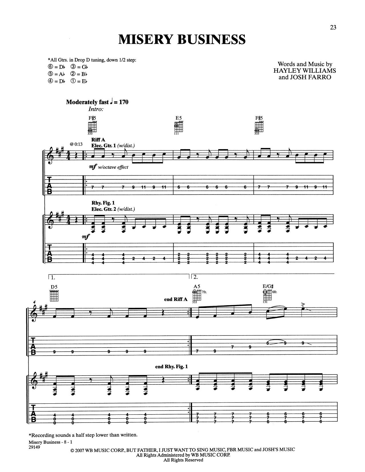 Paramore Misery Business sheet music notes and chords. Download Printable PDF.