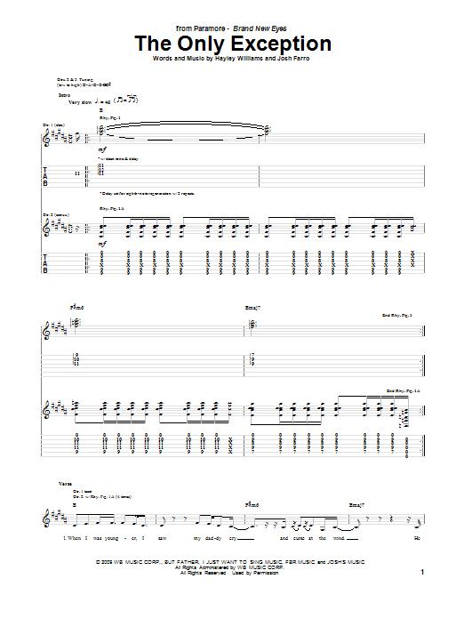 Paramore The Only Exception sheet music notes and chords. Download Printable PDF.