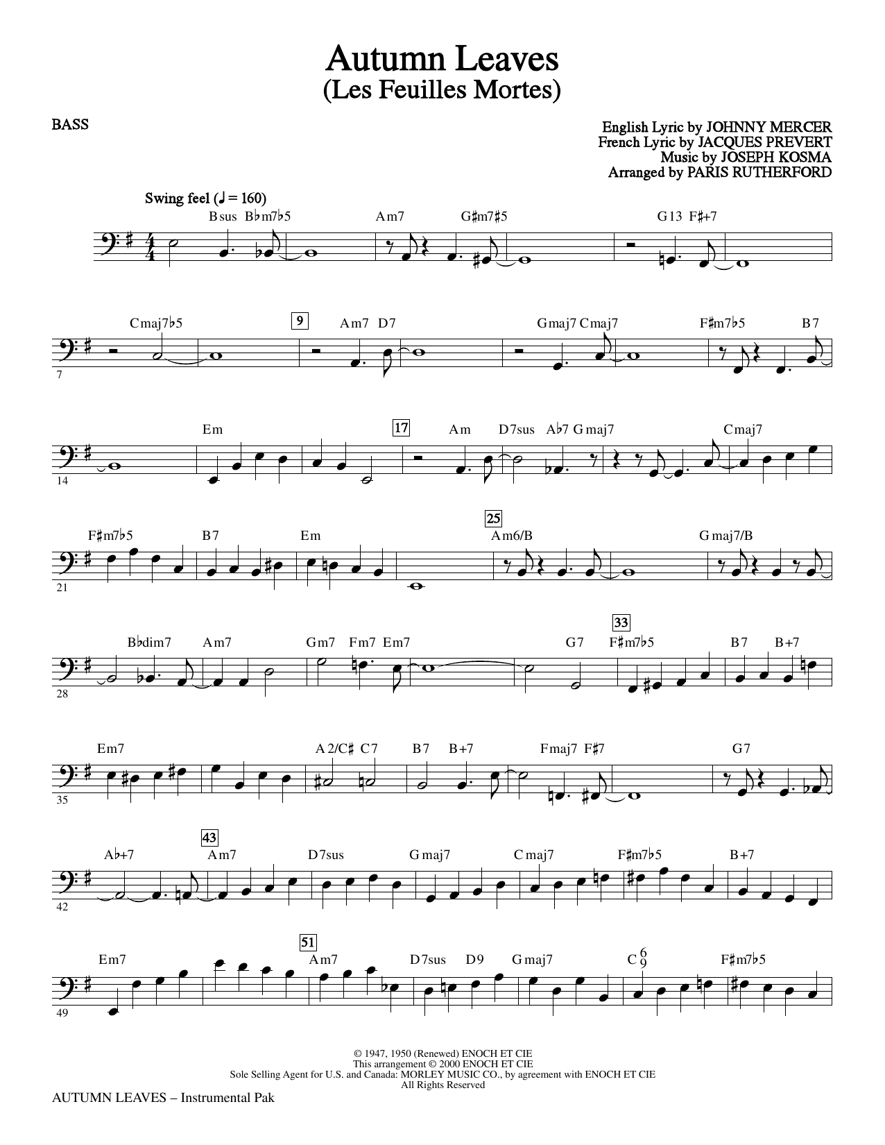 Paris Rutherford Autumn Leaves - Bass sheet music notes and chords. Download Printable PDF.