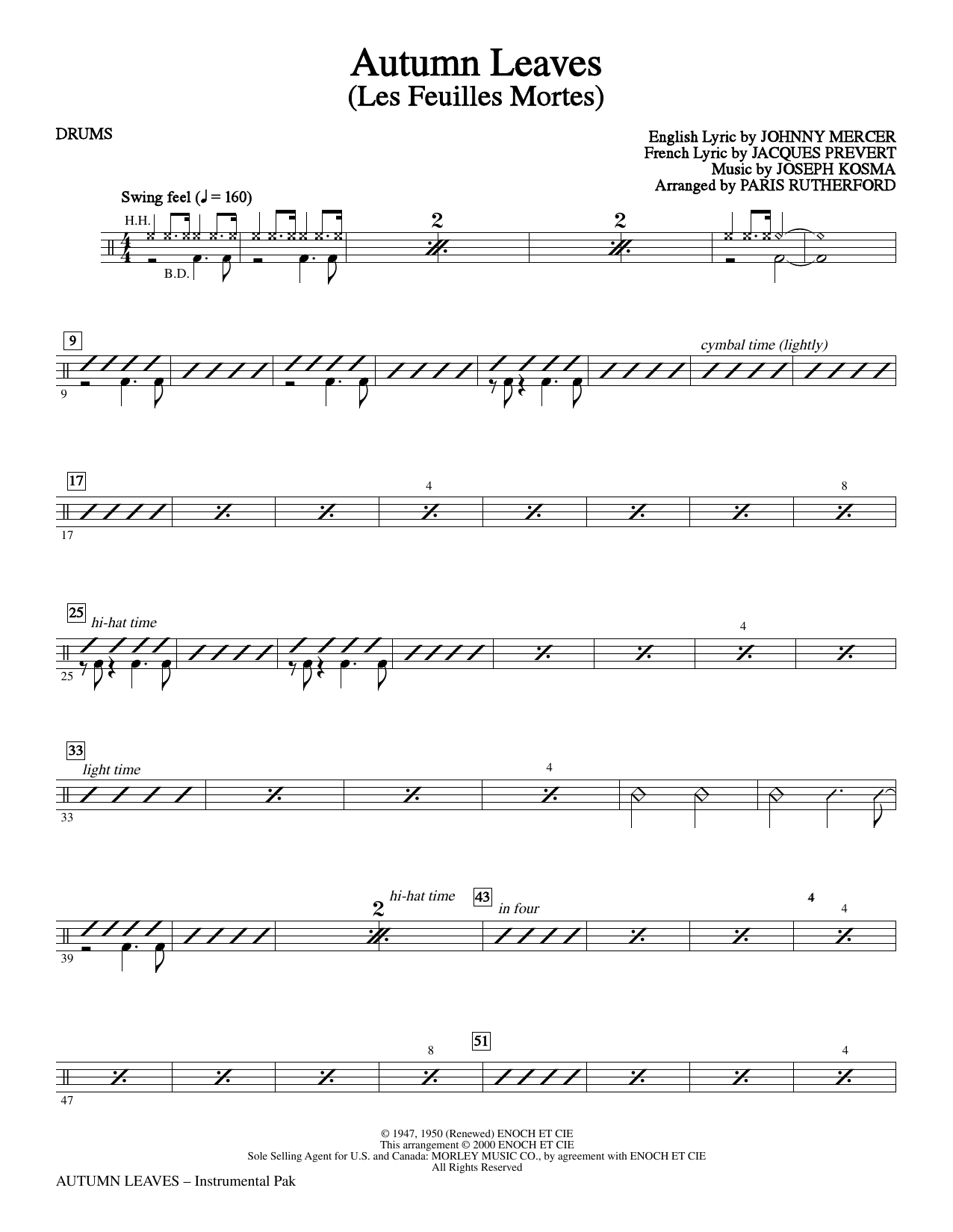 Paris Rutherford Autumn Leaves - Drums sheet music notes and chords. Download Printable PDF.