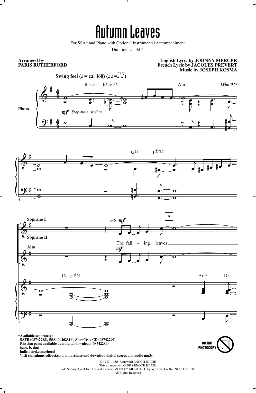 Paris Rutherford Autumn Leaves sheet music notes and chords. Download Printable PDF.