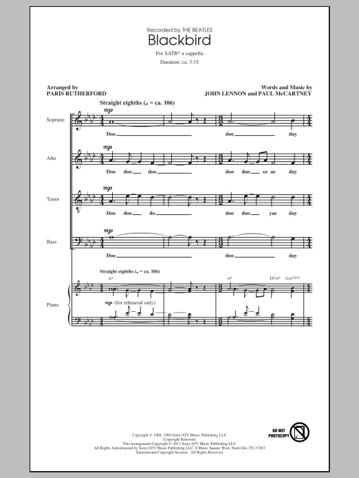 The Beatles Blackbird (arr. Paris Rutherford) sheet music notes and chords. Download Printable PDF.