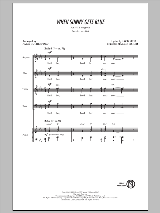 Johnny Mathis When Sunny Gets Blue (arr. Paris Rutherford) sheet music notes and chords. Download Printable PDF.