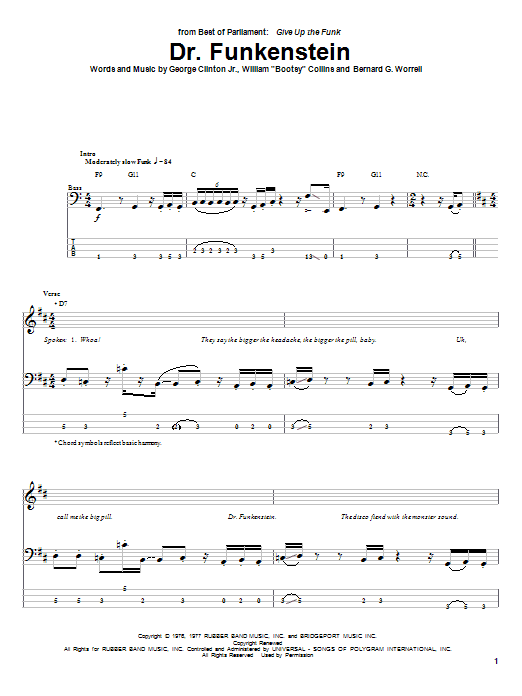 Learn to play Parliament Dr. Funkenstein sheet music for Bass Guitar Tab in minutes. Price: 7.8900$ Parliament Dr. Funkenstein sheet music notes and chords arranged for Bass Guitar Tab