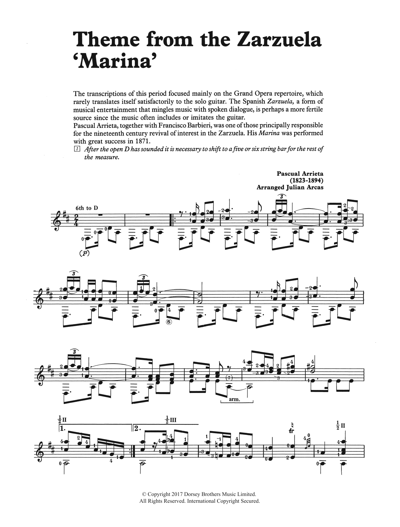 Pascual Arrieta Theme from the Zarzuela 'Marina' sheet music notes and chords. Download Printable PDF.