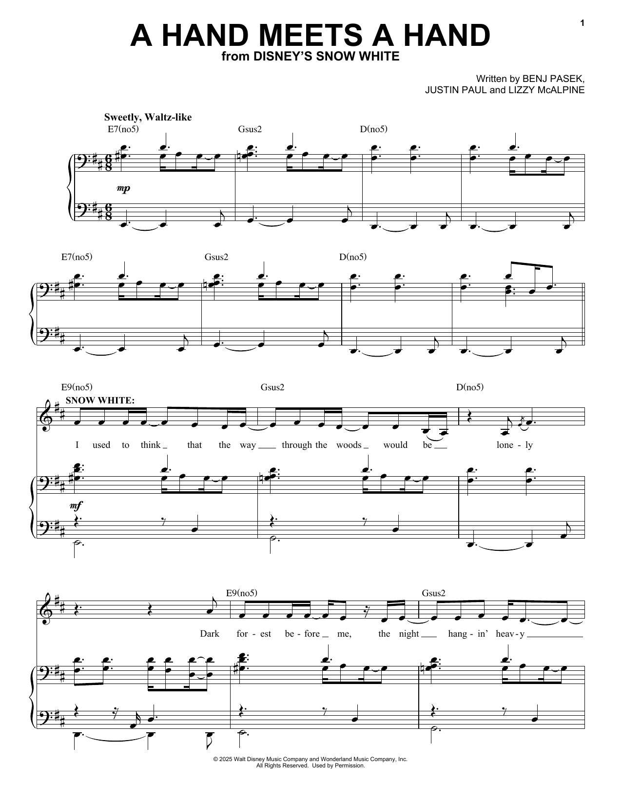 Learn to play Pasek & Paul A Hand Meets A Hand (from Snow White) (2025) sheet music for Piano & Vocal in minutes. Price: 7.8900$ Pasek & Paul A Hand Meets A Hand (from Snow White) (2025) sheet music notes and chords arranged for Piano & Vocal