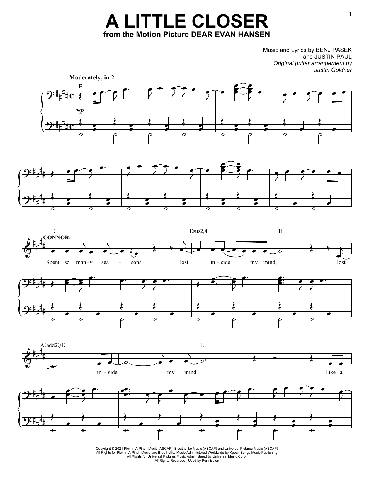 Pasek & Paul A Little Closer (from Dear Evan Hansen) sheet music notes and chords. Download Printable PDF.