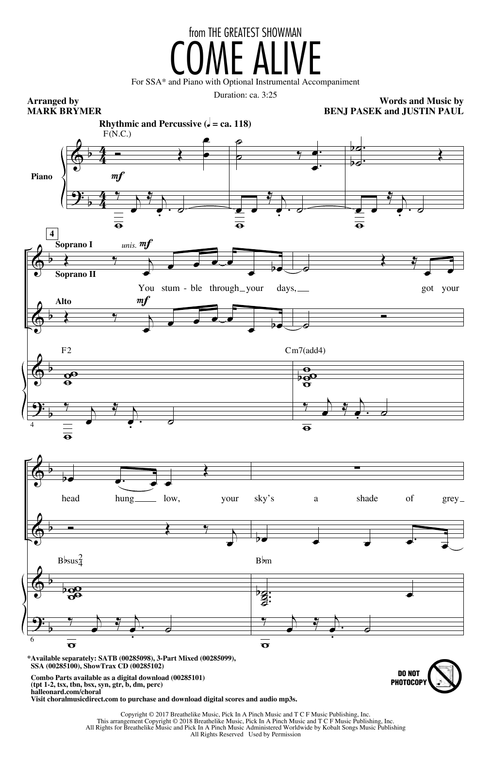 Pasek & Paul Come Alive (from The Greatest Showman) (Arr. Mark Brymer) sheet music notes and chords. Download Printable PDF.