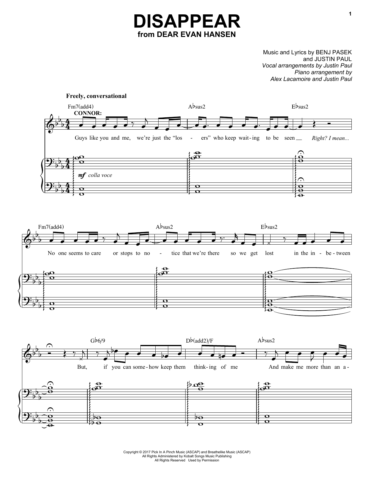 Pasek & Paul Disappear (from Dear Evan Hansen) sheet music notes and chords. Download Printable PDF.