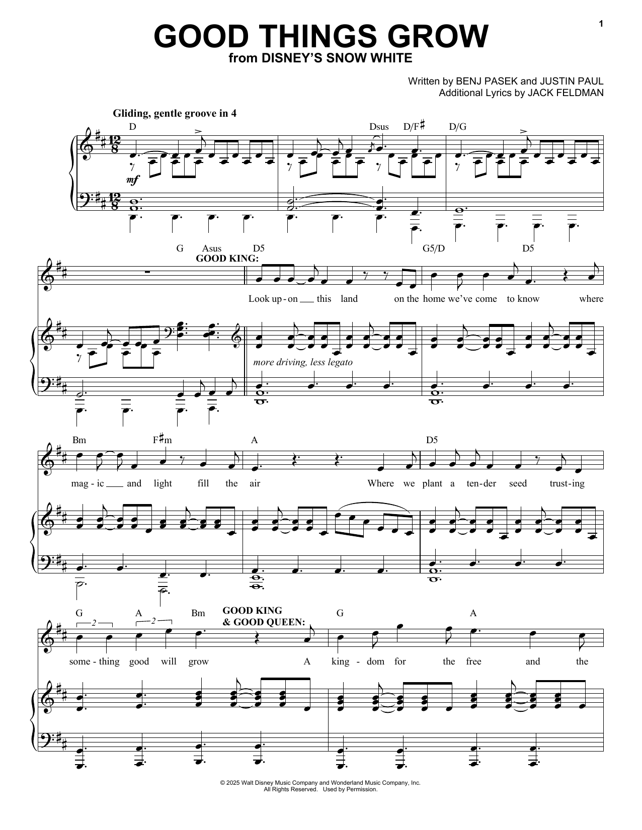 Learn to play Pasek & Paul Good Things Grow (from Snow White) (2025) sheet music for Piano & Vocal in minutes. Price: 7.8900$ Pasek & Paul Good Things Grow (from Snow White) (2025) sheet music notes and chords arranged for Piano & Vocal
